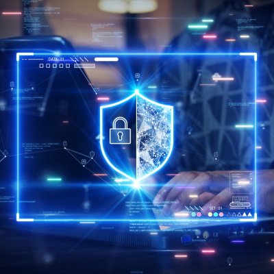 A person's hands type on a computer keyboard with a glowing security shield overlaid on the photo.