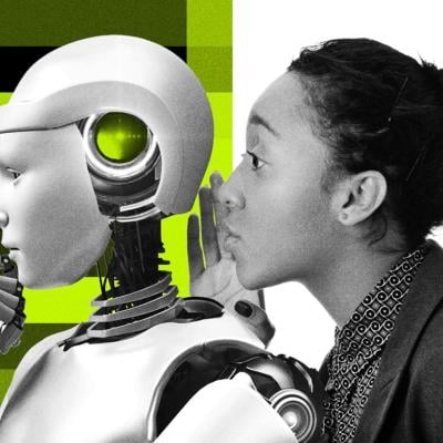 Concept of AI-powered tutoring illustrated with a person dressed professionally that looks like a teacher whispering from behind toward a robot's head.