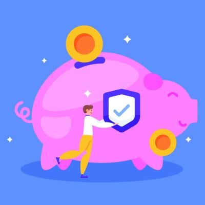 A vector illustration of a savings piggy bank with a person putting a check insurance concept symbol on it.