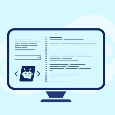 A vector illustration of a computer monitor with AI code writing graphics.