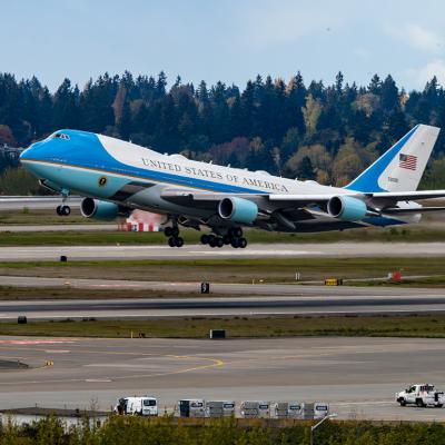 US Air Force's Air Force One Boeing 747-200B (VC-25A) leaving Seattle-Tacoma International Airport.