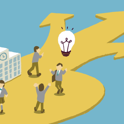 An illustration of a graduation concept, with a five students outside a school with a lightbulb and three arrows pointing in different paths. 