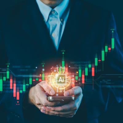 A businessman holding a phone illustrated with AI and stock chart graphics.