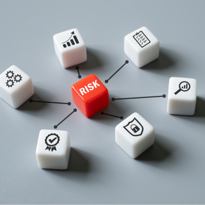 One red die with the word risk on it, positioned in in the middle of six white dice with symbols, including three cogs, an upward bar graph, a checklist, a magnifying glass over a rising bar graph, a security shield with a lock in the middle, and a ribbon with a check mark.