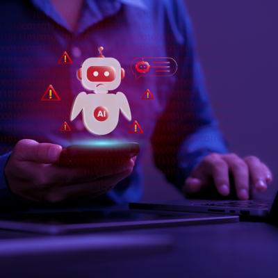 An illustration overlay of a chatbot on a photo of a woman holding a mug and typing on a laptop. 