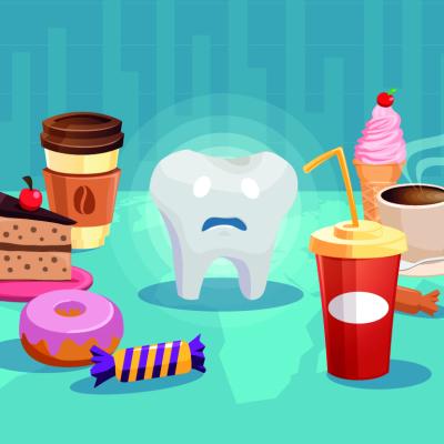 Vector illustration of a sad tooth surrounded with common sweet and sugar-based food.