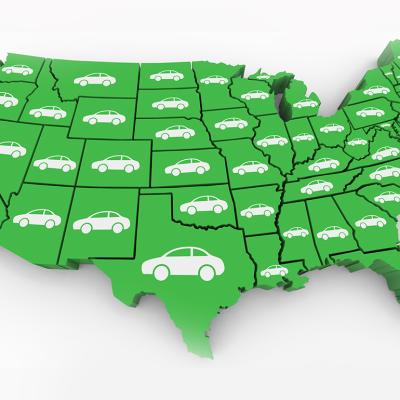 Illustration of the US map with an icon of a car on each state.