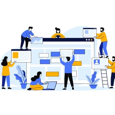 Vector illustration of a business team working together to build an accessible web design project.