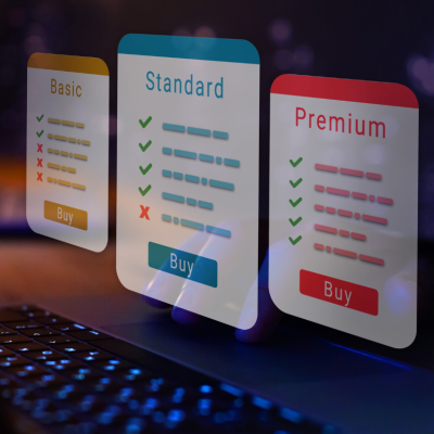 Three options, Basic, Standard, and Premium, float above a keyboard in a subscription plan options concept.