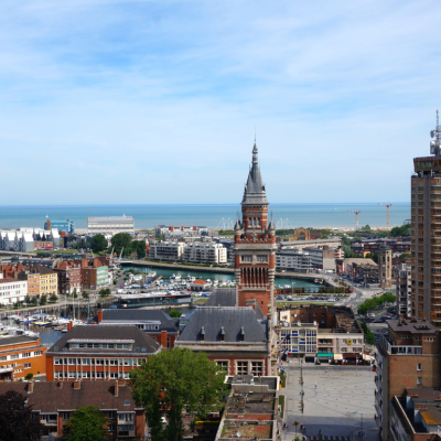 A view of Dunkirk, France with the coast in the background. 