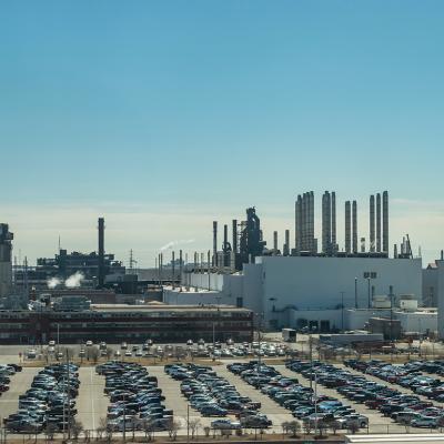 Aerial view of the Ford Motor Company automobile factory complex in Dearborn, Michigan.