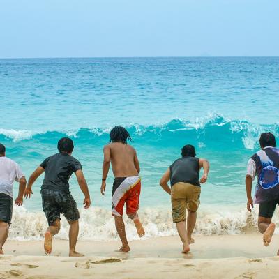 A group of five friends lined up to run towards a sea wave from the beach.