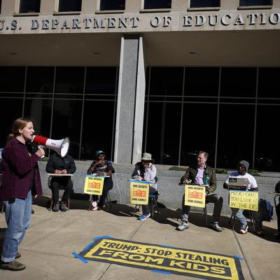 : Protestors participating in a 'study-in' in front of the US Department of Education building on March 21, 2025 in Washington, D.C.