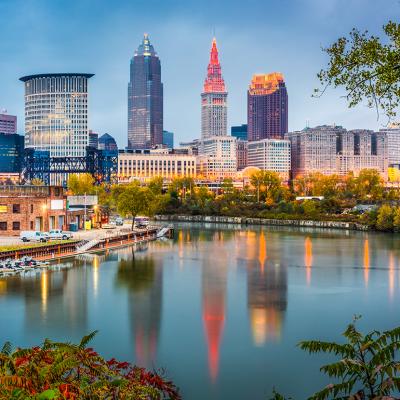 A view of the river and city skyline in Cleveland, Ohio.