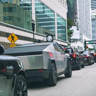 A Tesla Cybertruck stuck in a traffic in downtown Miami.