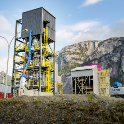 The Carbon Engineering Direct Air Capture carbon capture plant with the Squamish Chief mountain in the background in British Columbia, Canada.