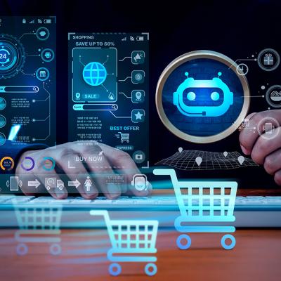 Person shopping online using a computer illustrated with AI shopping and technology graphics.