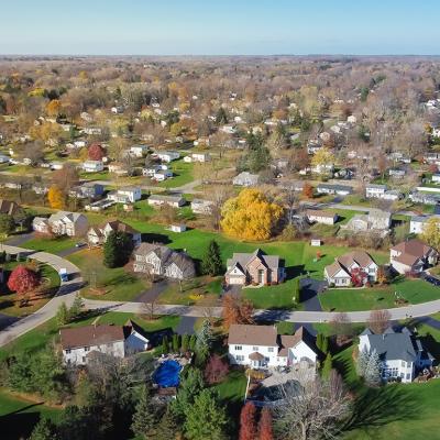 An aerial view of suburban residential homes in Rochester, New York.