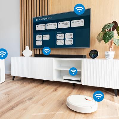 Smart devices in a living room labelled with wifi icons.