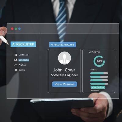 An AI recruitment software graphic over a businessman using a tablet.