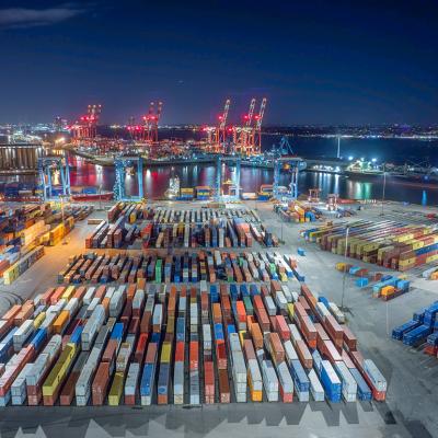 Aerial view of shipping containers in the Liverpool docks in England.