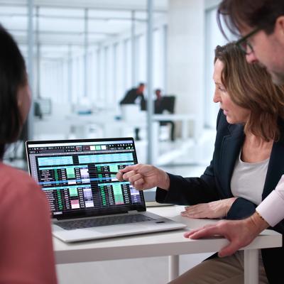 A business team reviewing billing reports displayed from a laptop.
