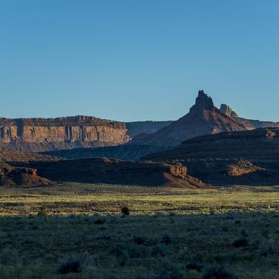 An evening view of the sandstone formations along the Indian Creek Corridor Scenic Byway (S.R. 211) in Bears Ears National Monument, Utah.
