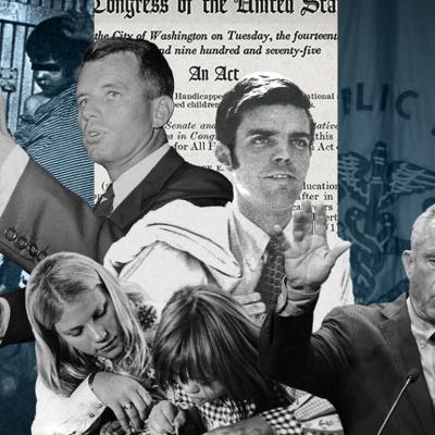 A custom collage showing prominent personalities and graphics related to the school-to-asylum pipeline in the 70s.