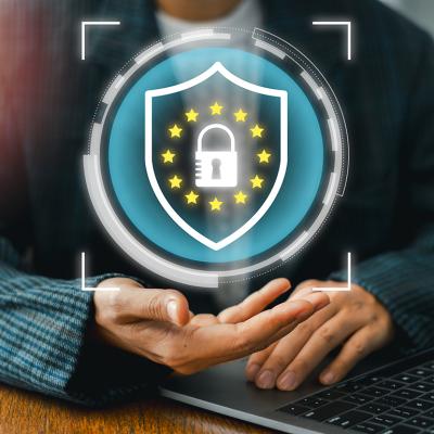 Concept of GDPR and data privacy represented by a digital lock and shield.