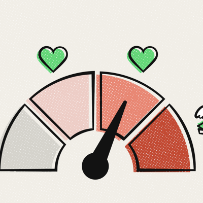 A custom illustration of a four-bar meter labelled with icons of hearts and cash, as a concept of measuring love and money.