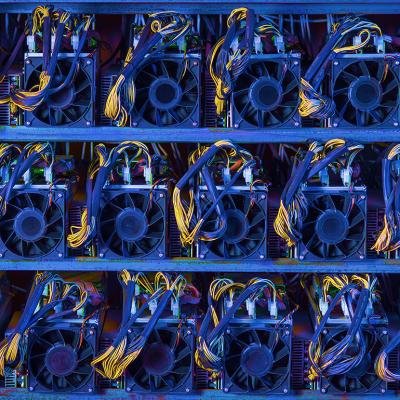 Fans powering a cryptocurrency farm.