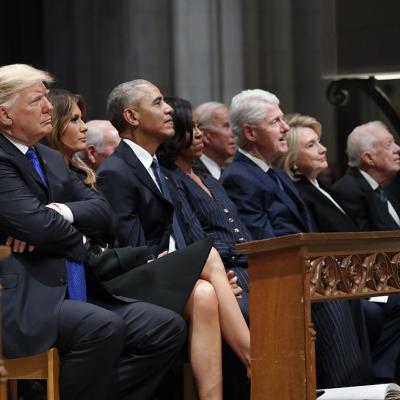 From left, President Donald Trump, first lady Melania Trump, former President Barack Obama, former first lady Michelle Obama, former President Bill Clinton, former Secretary of State Hillary Clinton, and former President Jimmy Carter and former first lady Rosalynn Carter, listen as former President George W. Bush speaks during the state funeral for former U.S. President George H. W. Bush at the Washington National Cathedral on December 5, 2018 in Washington, D.C.