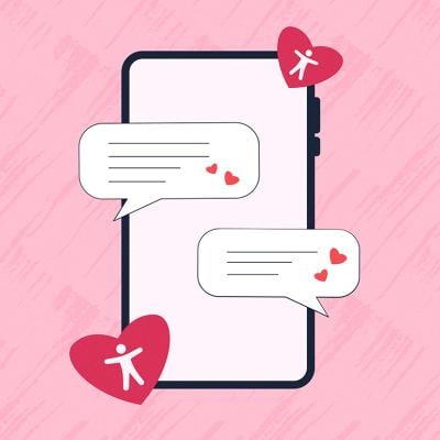 Smartphone illustration with chat bubbles and heart icons on a pink textured background, symbolizing communication and affection.