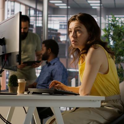  A female employee focused on a computer monitor while working in an office.
