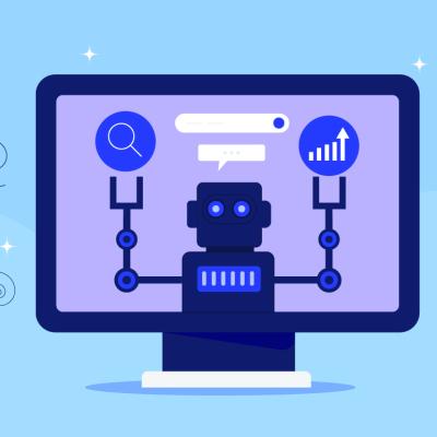 Vector illustration of a monitor displaying SEO and AI graphics.