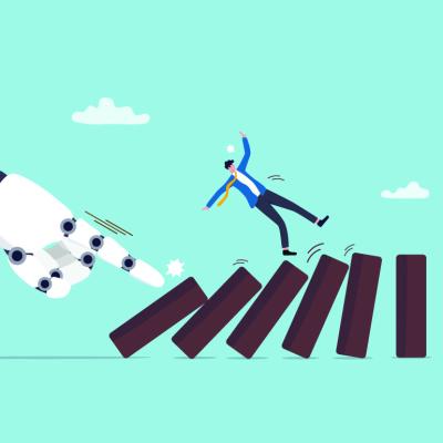 A vector illustration of a businessman on figures of domino blocks tipped over by a robotic hand as a concept of AI disruption in the workplace.