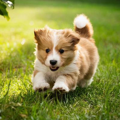 An adorable puppy running on a grassfield.