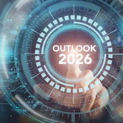 Technological graphics with the words 'outlook 2026' in the middle as a concept of a forecast.