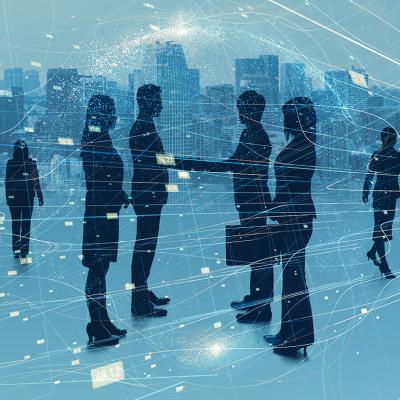 Digital illustration showing silhouettes of businesspeople meeting together and designed with network graphics.