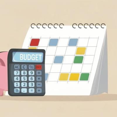 Concept of healthy money habits illustrated by monthly budget reviews with calendar, tagging expenses with color-coded categories, piggy bank and calculator with the word "budget" on the screen symbolizing keeping track of money. 