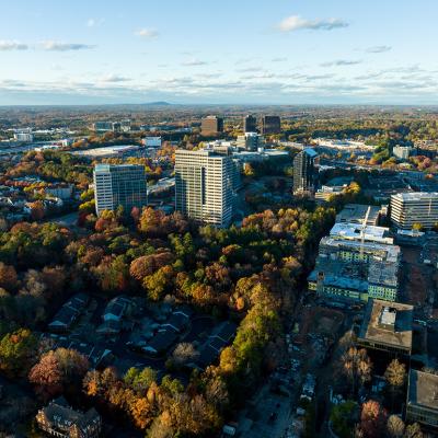 Aerial view of commercial buildings and new developments in Atlanta, Georgia.