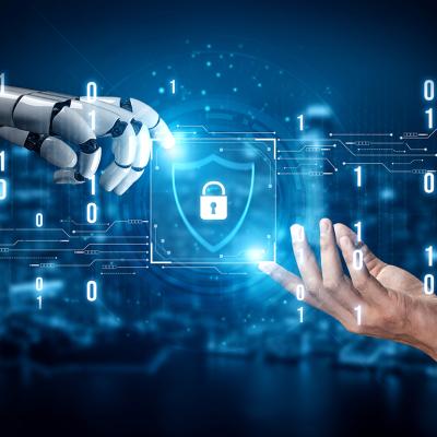 A 3D rendering graphics of a robot arm and human arm both reaching for a cybersecurity icon.