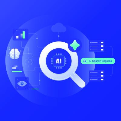 A vector illustration of a magnifying glass illustrated with network and AI search engine concept graphics.