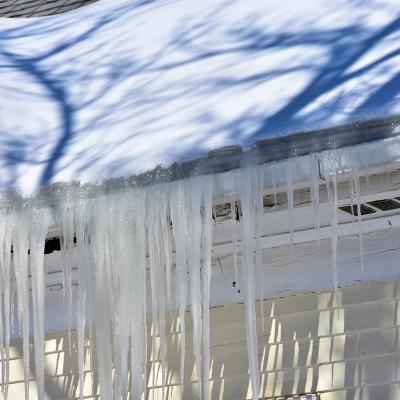 Ice built up in roof gutters.