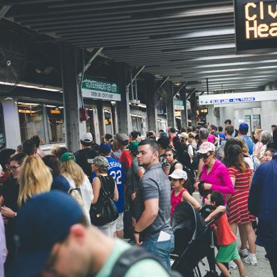 Passengers waiting at the green line stop platform in Government Center Station, Boston. 