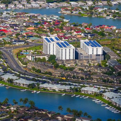 Aerial view of apartment buildings in a residential neighborhood in Hawai'i.