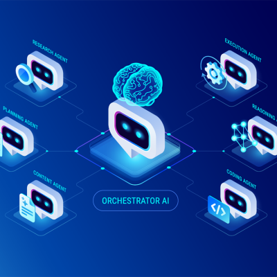 A vector of AI agents' orchestration workflow diagram that shows a six multi-agent system.