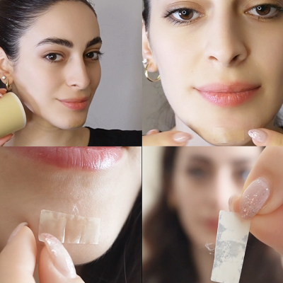 A composite image of a woman trying a hydrocolloid patch on her face.