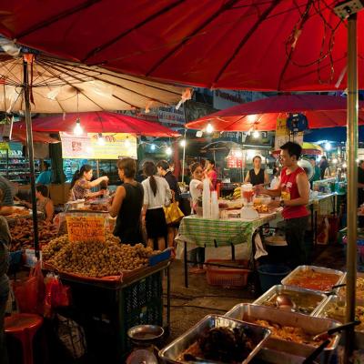 A food market on a street in Bangkok, Thailand.