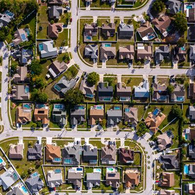 An aerial view of residential houses in the Tampa suburbs in Florida, USA.